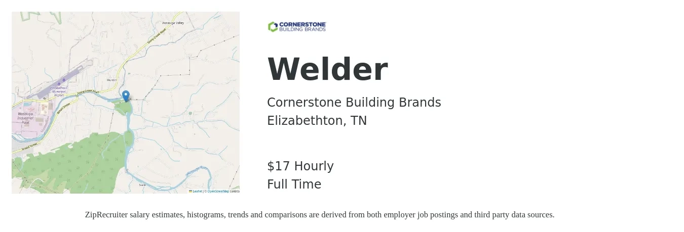 Cornerstone Building Brands job posting for a Welder in Elizabethton, TN with a salary of $18 Hourly with a map of Elizabethton location.