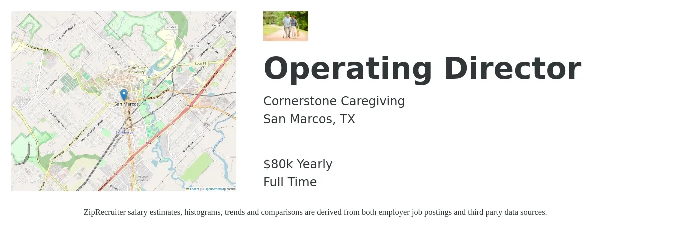 Cornerstone Caregiving job posting for a Operating Director in San Marcos, TX with a salary of $80,000 Yearly with a map of San Marcos location.