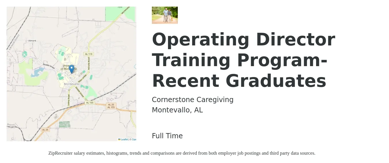 Cornerstone Caregiving job posting for a Operating Director Training Program-Recent Graduates in Montevallo, AL with a salary of $1,000 Weekly with a map of Montevallo location.