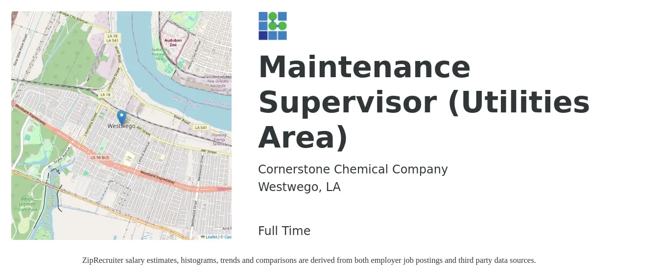 Cornerstone Chemical Company job posting for a Maintenance Supervisor (Utilities Area) in Westwego, LA with a salary of $22 to $36 Hourly with a map of Westwego location.