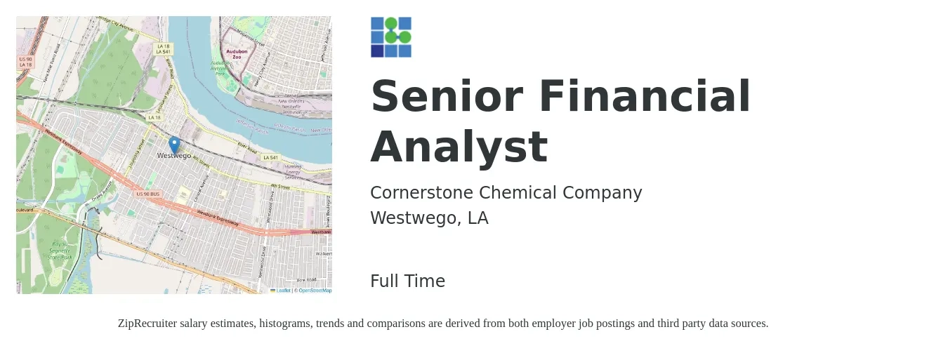 Cornerstone Chemical Company job posting for a Senior Financial Analyst in Westwego, LA with a salary of $78,300 to $97,600 Yearly with a map of Westwego location.