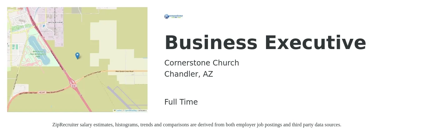 Cornerstone Church job posting for a Business Executive in Chandler, AZ with a salary of $89,400 to $122,600 Yearly with a map of Chandler location.