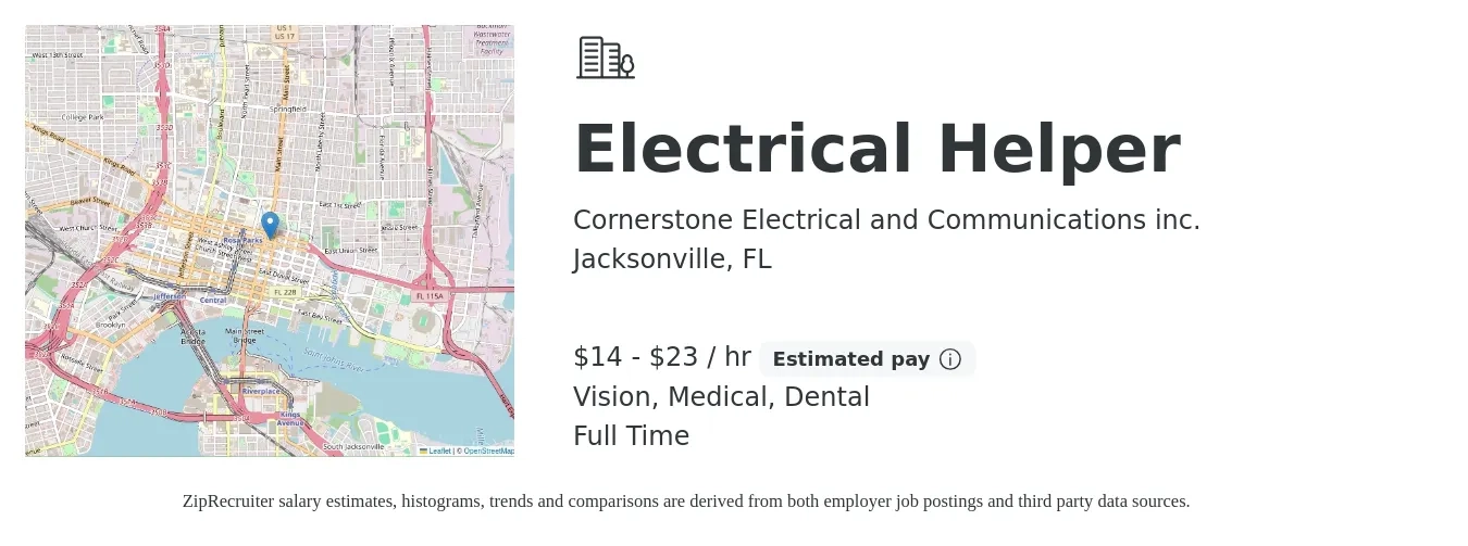 Cornerstone Electrical and Communications inc. job posting for a Electrical Helper in Jacksonville, FL with a salary of $15 to $24 Hourly and benefits including vision, dental, and medical with a map of Jacksonville location.