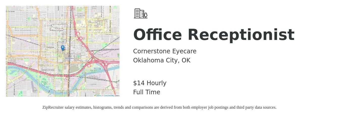 Cornerstone Eyecare job posting for a Office Receptionist in Oklahoma City, OK with a salary of $15 Hourly with a map of Oklahoma City location.