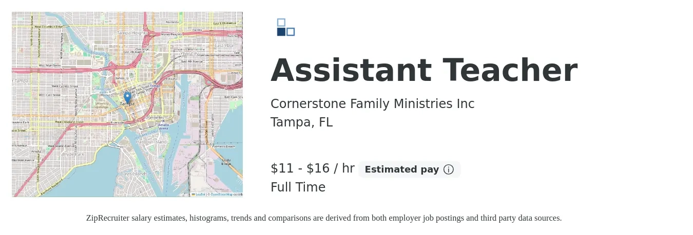 Cornerstone Family Ministries Inc job posting for a Assistant Teacher in Tampa, FL with a salary of $14 to $17 Hourly with a map of Tampa location.