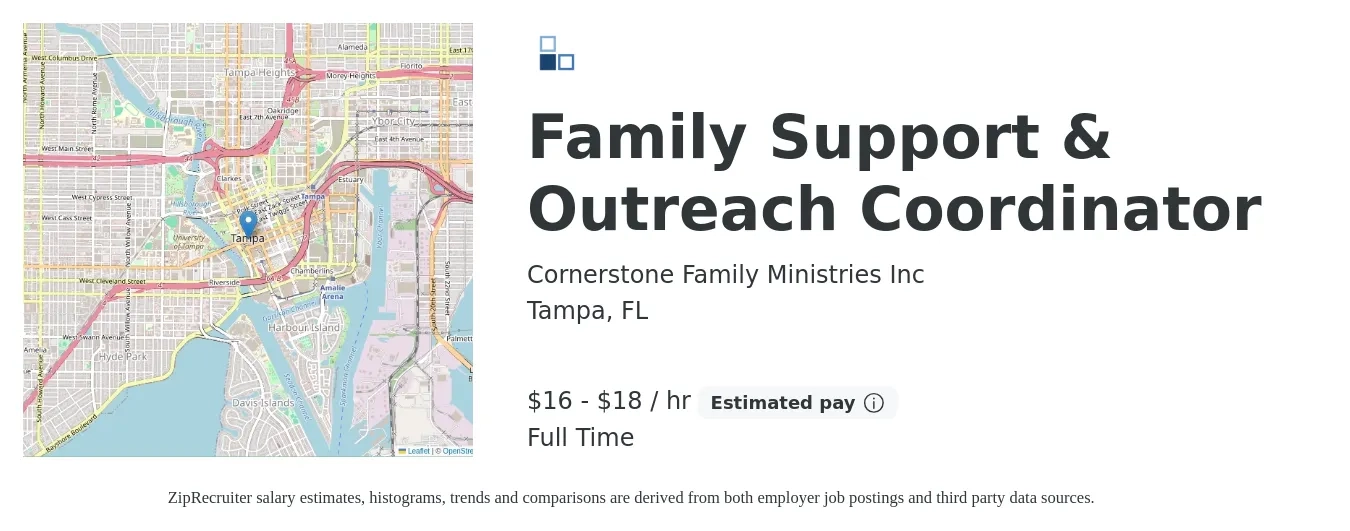 Cornerstone Family Ministries Inc job posting for a Family Support & Outreach Coordinator in Tampa, FL with a salary of $17 to $19 Hourly with a map of Tampa location.