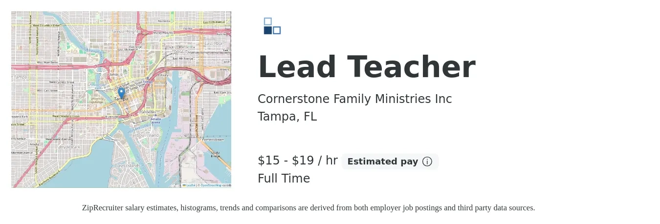 Cornerstone Family Ministries Inc job posting for a Lead Teacher in Tampa, FL with a salary of $16 to $20 Hourly with a map of Tampa location.
