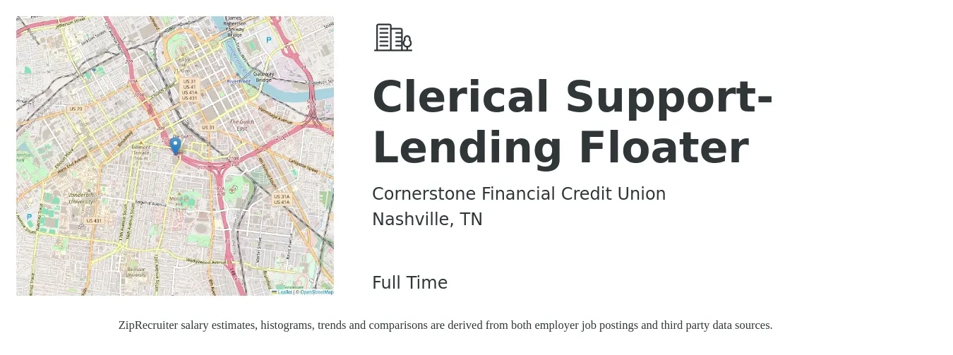 Cornerstone Financial Credit Union job posting for a Clerical Support- Lending Floater in Nashville, TN with a salary of $16 to $19 Hourly with a map of Nashville location.