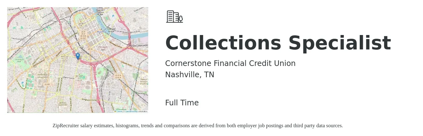 Cornerstone Financial Credit Union job posting for a Collections Specialist in Nashville, TN with a salary of $18 to $24 Hourly with a map of Nashville location.