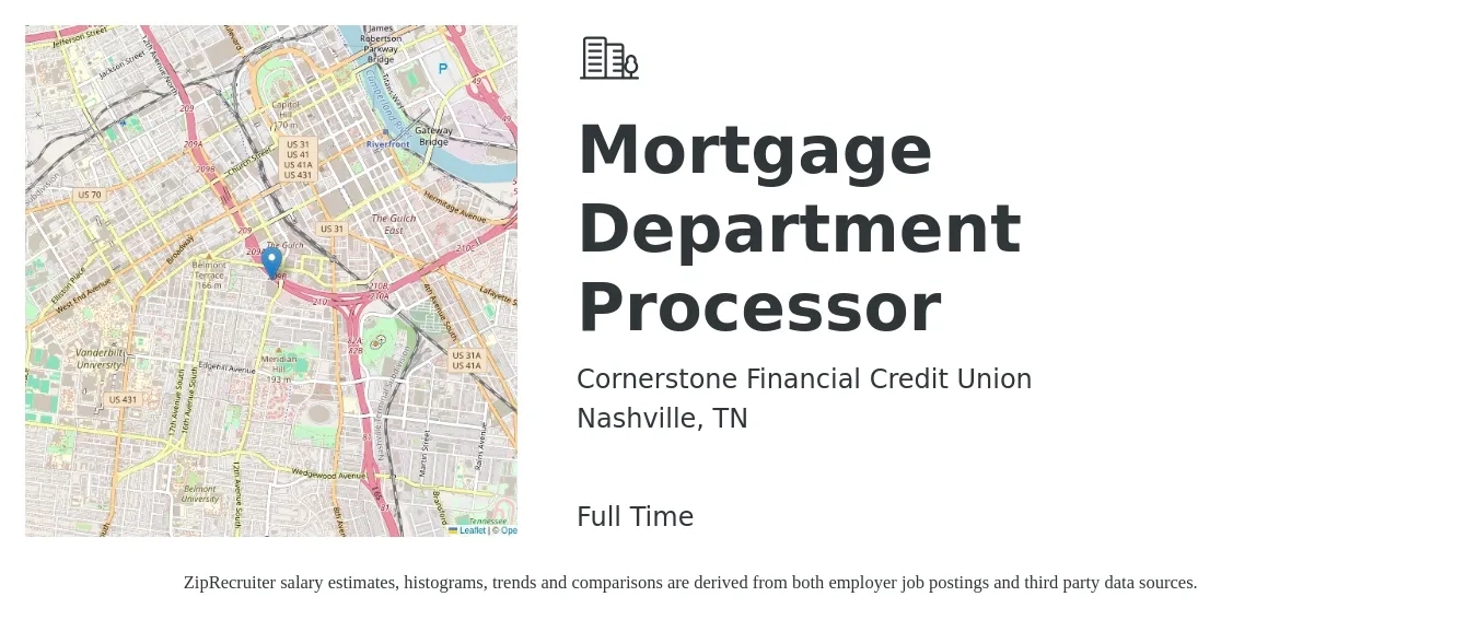Cornerstone Financial Credit Union job posting for a Mortgage Department Processor in Nashville, TN with a salary of $38,600 to $53,100 Yearly with a map of Nashville location.