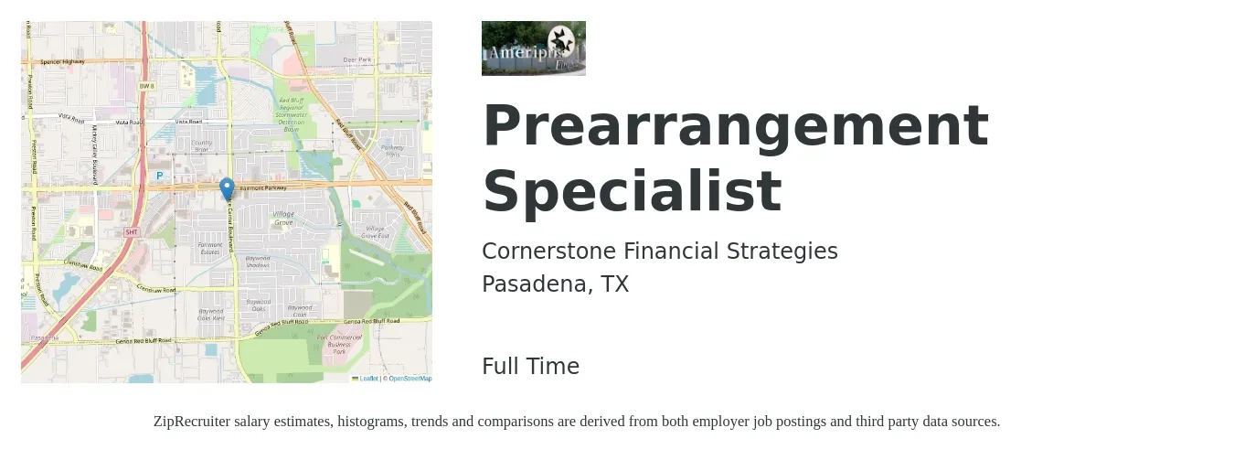 Cornerstone Financial Strategies job posting for a Prearrangement Specialist in Pasadena, TX with a salary of $16 to $26 Hourly with a map of Pasadena location.