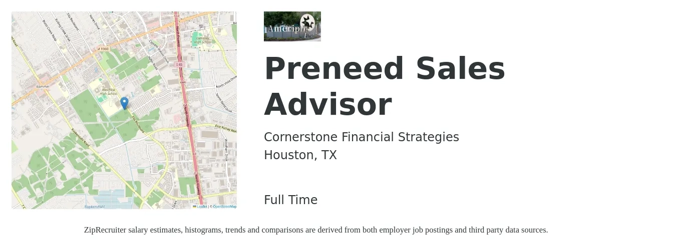 Cornerstone Financial Strategies job posting for a Preneed Sales Advisor in Houston, TX with a salary of $19 to $31 Hourly with a map of Houston location.