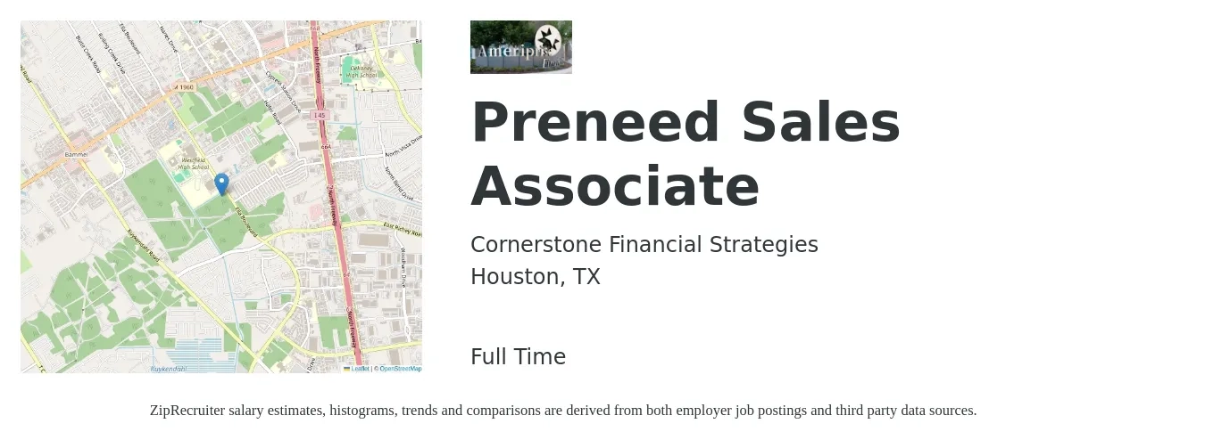 Cornerstone Financial Strategies job posting for a Preneed Sales Associate in Houston, TX with a salary of $13 to $18 Hourly with a map of Houston location.