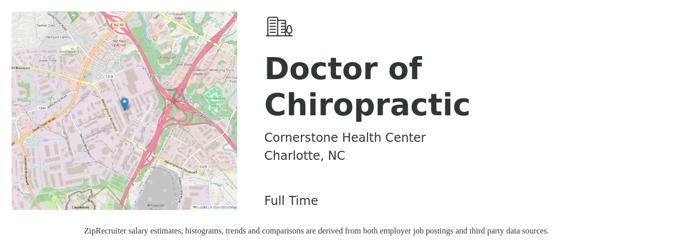 Cornerstone Health Center job posting for a Doctor of Chiropractic in Charlotte, NC with a salary of $74,700 to $91,300 Yearly with a map of Charlotte location.