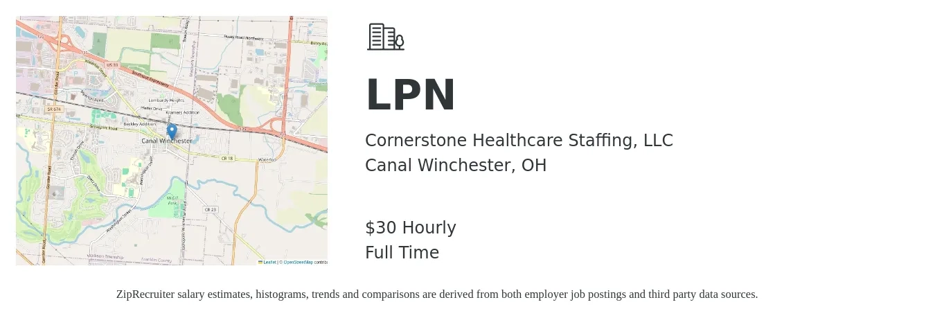 Cornerstone Healthcare Staffing, LLC job posting for a LPN in Canal Winchester, OH with a salary of $32 Hourly with a map of Canal Winchester location.