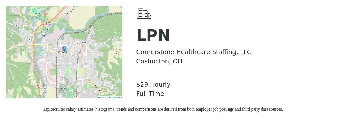 Cornerstone Healthcare Staffing, LLC job posting for a LPN in Coshocton, OH with a salary of $31 Hourly with a map of Coshocton location.