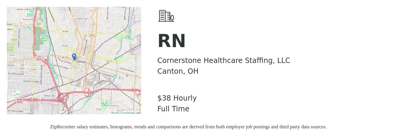 Cornerstone Healthcare Staffing, LLC job posting for a RN in Canton, OH with a salary of $40 Hourly with a map of Canton location.