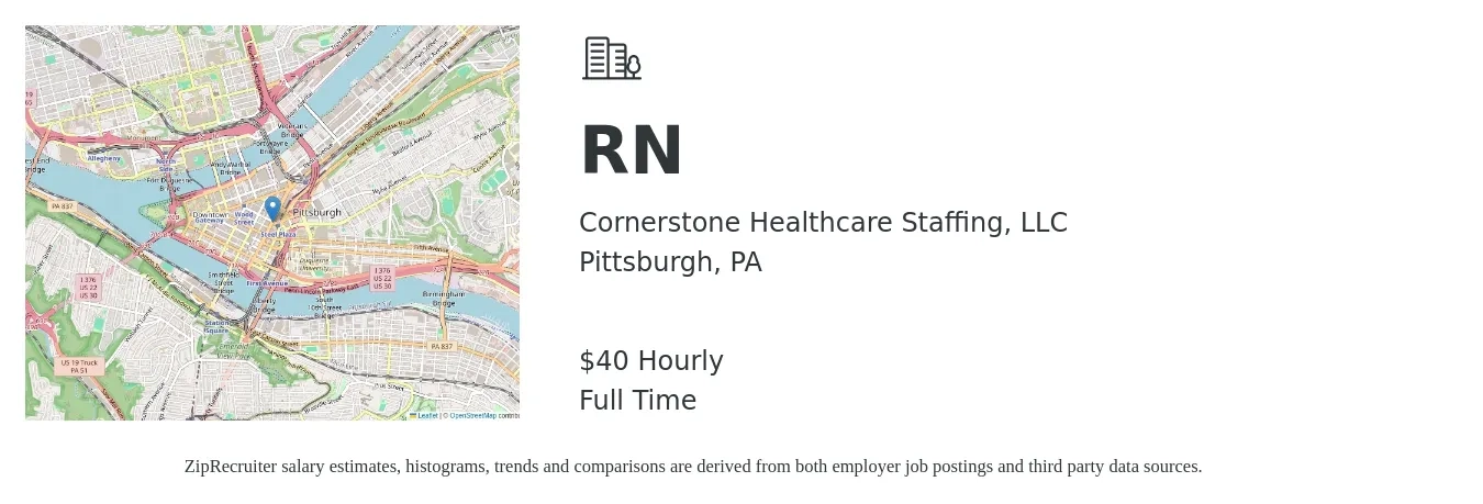 Cornerstone Healthcare Staffing, LLC job posting for a RN in Pittsburgh, PA with a salary of $42 Hourly with a map of Pittsburgh location.