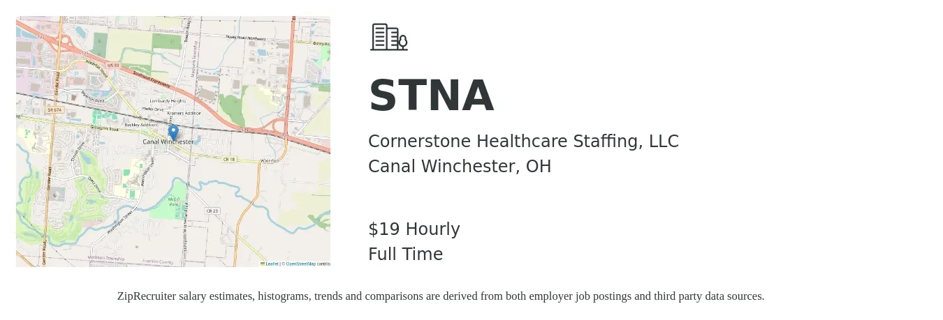 Cornerstone Healthcare Staffing, LLC job posting for a STNA in Canal Winchester, OH with a salary of $20 Hourly with a map of Canal Winchester location.