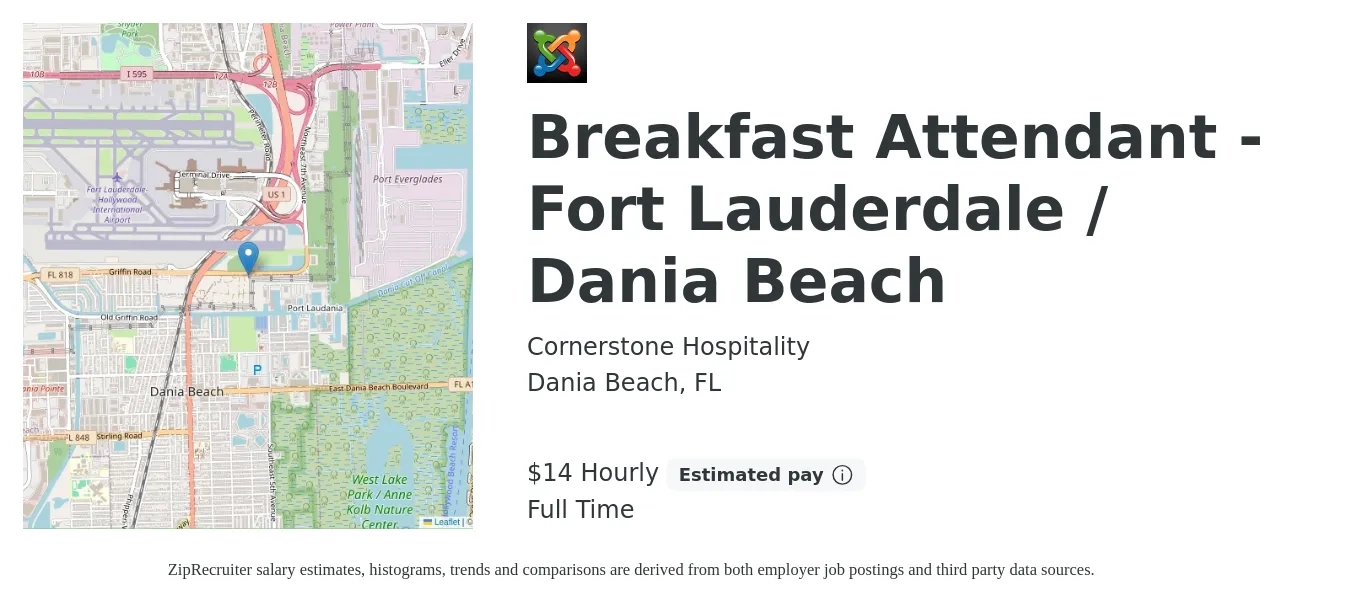 Cornerstone Hospitality job posting for a Breakfast Attendant - Fort Lauderdale / Dania Beach in Dania Beach, FL with a salary of $15 Hourly with a map of Dania Beach location.