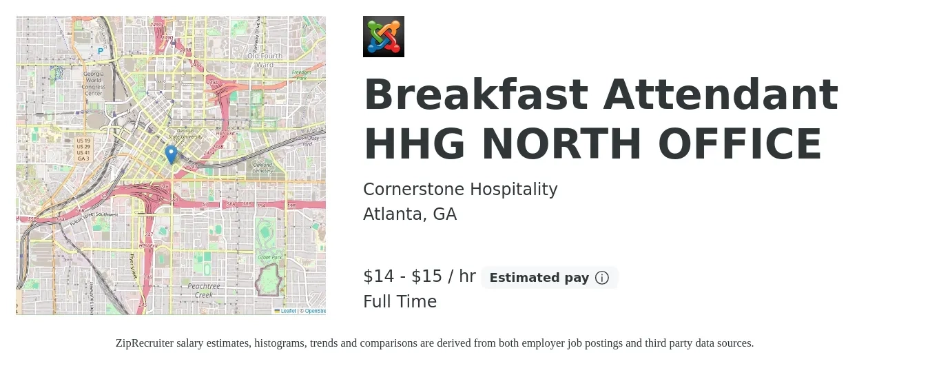 Cornerstone Hospitality job posting for a Breakfast Attendant HHG NORTH OFFICE in Atlanta, GA with a salary of $15 to $16 Hourly with a map of Atlanta location.