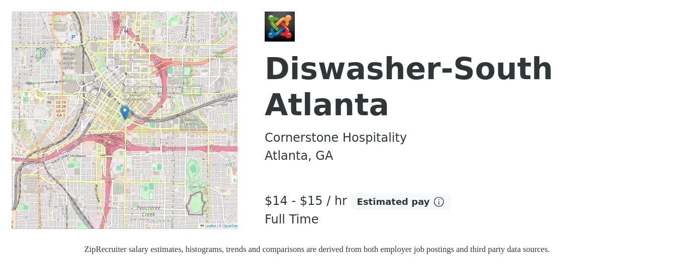 Cornerstone Hospitality job posting for a Diswasher-South Atlanta in Atlanta, GA with a salary of $15 to $16 Hourly with a map of Atlanta location.