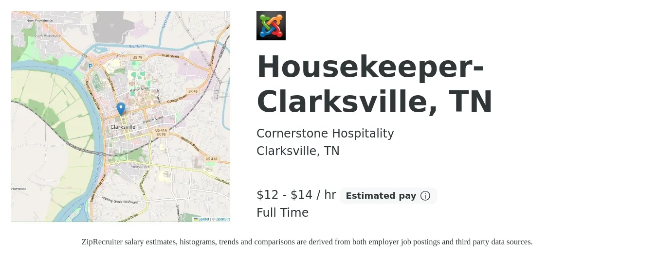Cornerstone Hospitality job posting for a Housekeeper-Clarksville, TN in Clarksville, TN with a salary of $13 to $15 Hourly with a map of Clarksville location.