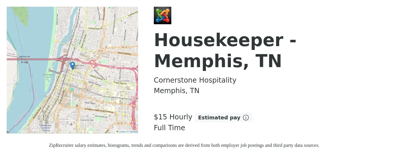 Cornerstone Hospitality job posting for a Housekeeper - Memphis, TN in Memphis, TN with a salary of $16 Hourly with a map of Memphis location.