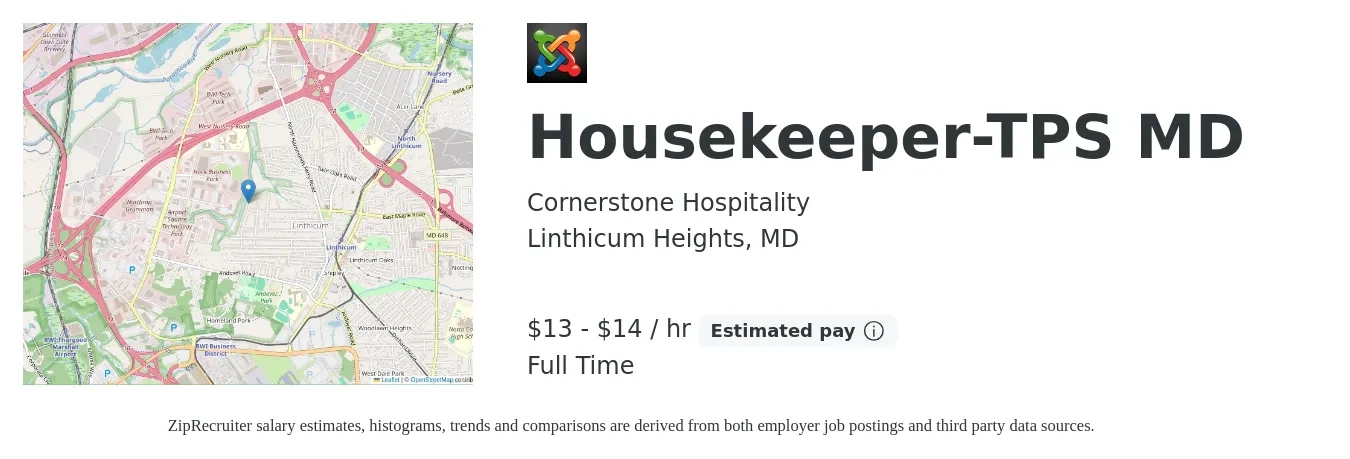 Cornerstone Hospitality job posting for a Housekeeper-TPS MD in Linthicum Heights, MD with a salary of $14 to $15 Hourly with a map of Linthicum Heights location.