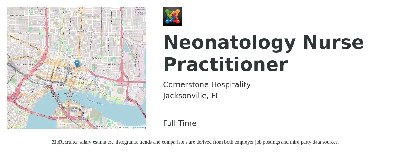 Cornerstone Hospitality job posting for a Neonatology Nurse Practitioner in Jacksonville, FL with a salary of $95,100 to $132,000 Yearly with a map of Jacksonville location.