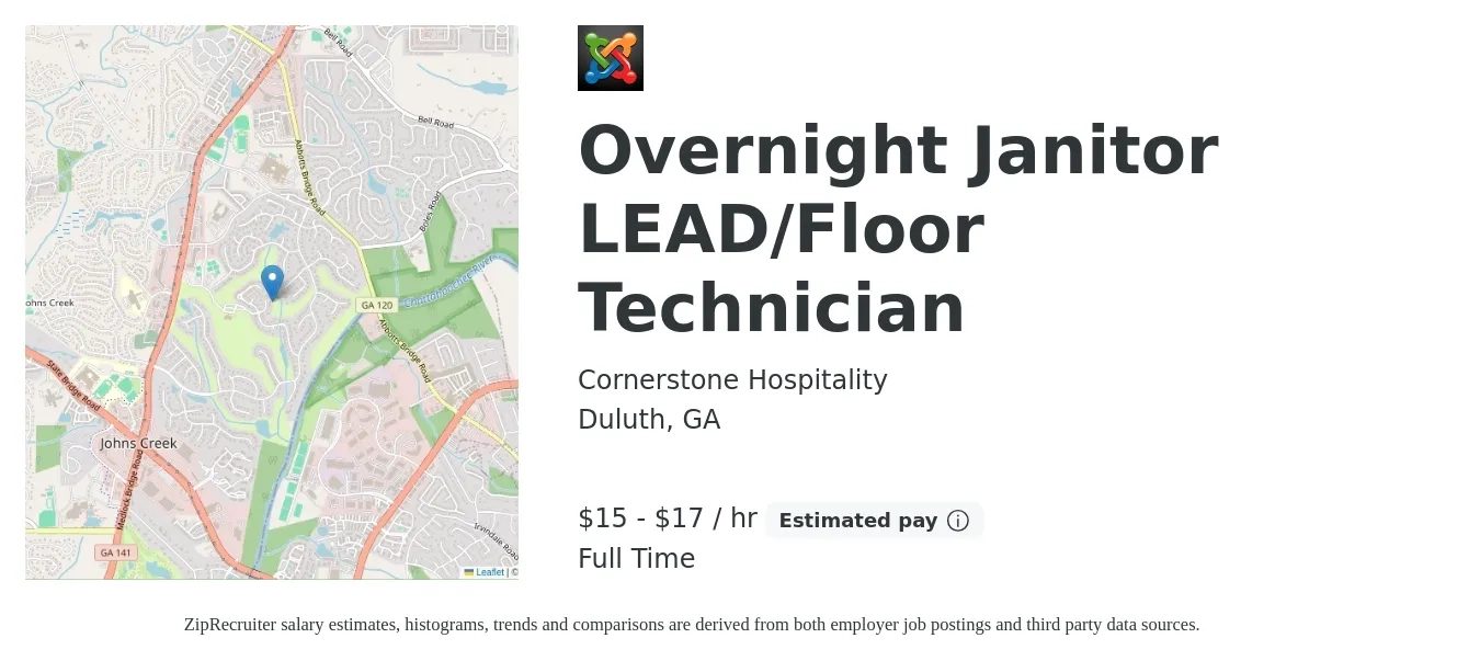 Cornerstone Hospitality job posting for a Overnight Janitor LEAD/Floor Technician in Duluth, GA with a salary of $16 to $18 Hourly with a map of Duluth location.
