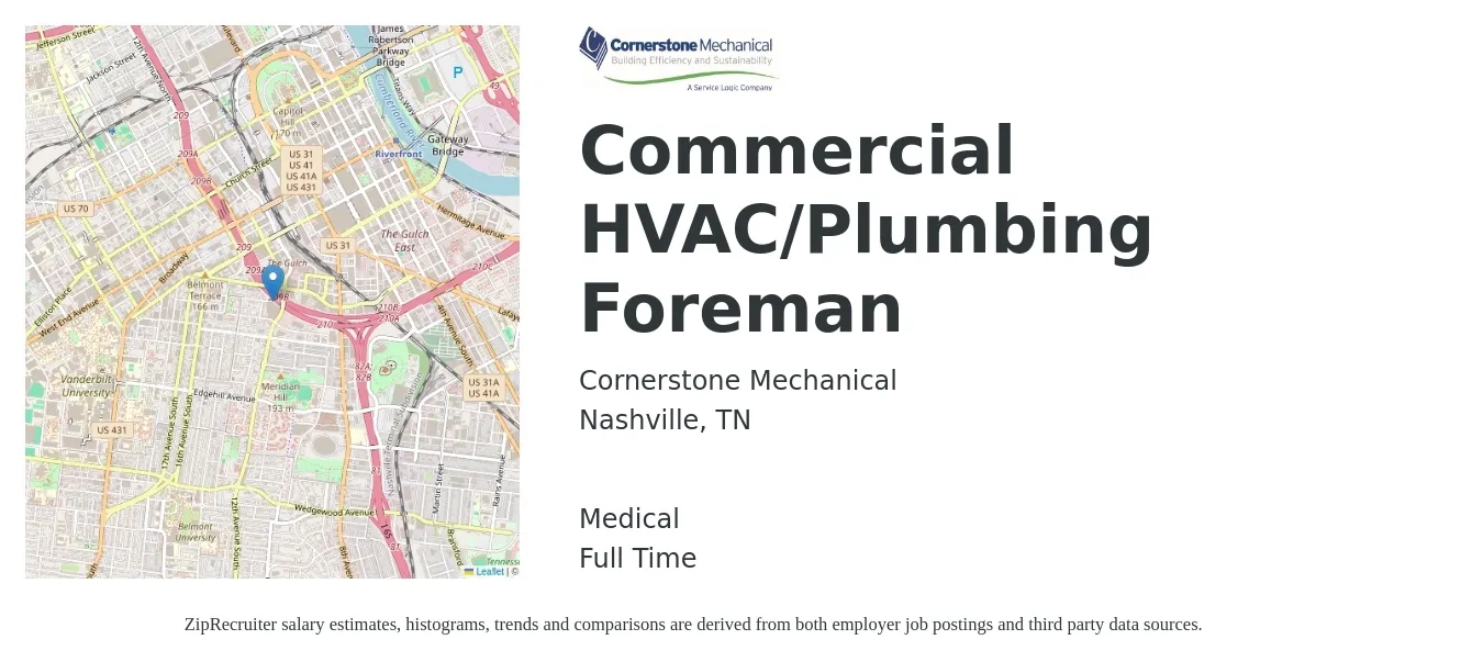 Cornerstone Mechanical job posting for a Commercial HVAC/Plumbing Foreman in Nashville, TN with a salary of $30 to $43 Hourly and benefits including medical, pto, and retirement with a map of Nashville location.