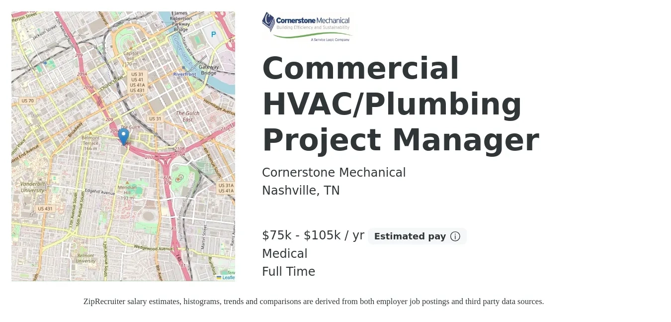 Cornerstone Mechanical job posting for a Commercial HVAC/Plumbing Project Manager in Nashville, TN with a salary of $75,000 to $105,000 Yearly (plus commission) and benefits including retirement, medical, and pto with a map of Nashville location.