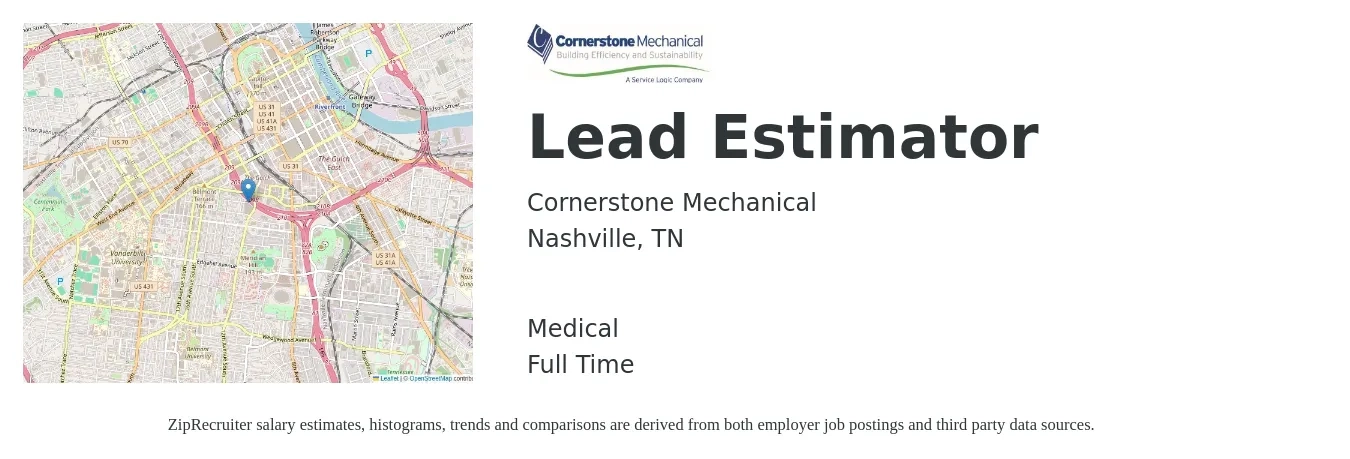 Cornerstone Mechanical job posting for a Lead Estimator in Nashville, TN with a salary of $73,900 to $122,200 Yearly and benefits including medical, pto, and retirement with a map of Nashville location.