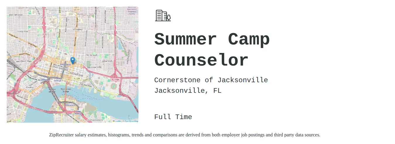 Cornerstone of Jacksonville job posting for a Summer Camp Counselor in Jacksonville, FL with a salary of $15 to $17 Hourly with a map of Jacksonville location.