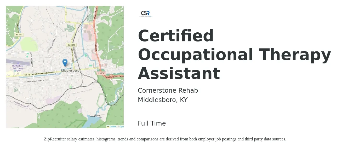 Cornerstone Rehab job posting for a Certified Occupational Therapy Assistant in Middlesboro, KY with a salary of $24 to $32 Hourly with a map of Middlesboro location.