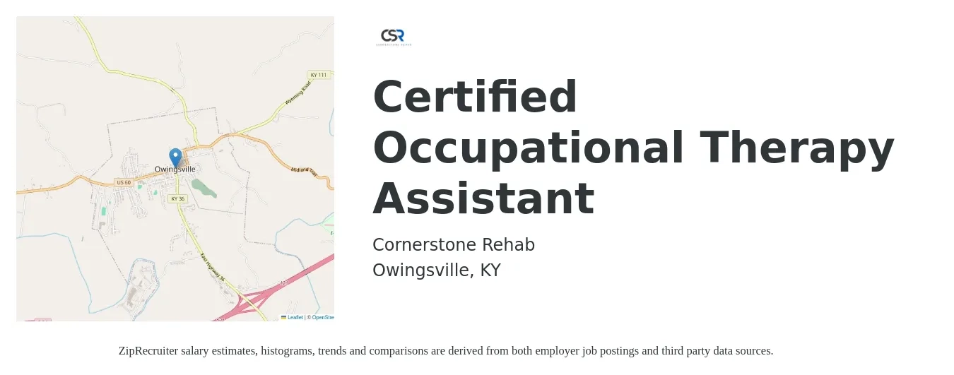 Cornerstone Rehab job posting for a Certified Occupational Therapy Assistant in Owingsville, KY with a salary of $23 to $31 Hourly with a map of Owingsville location.