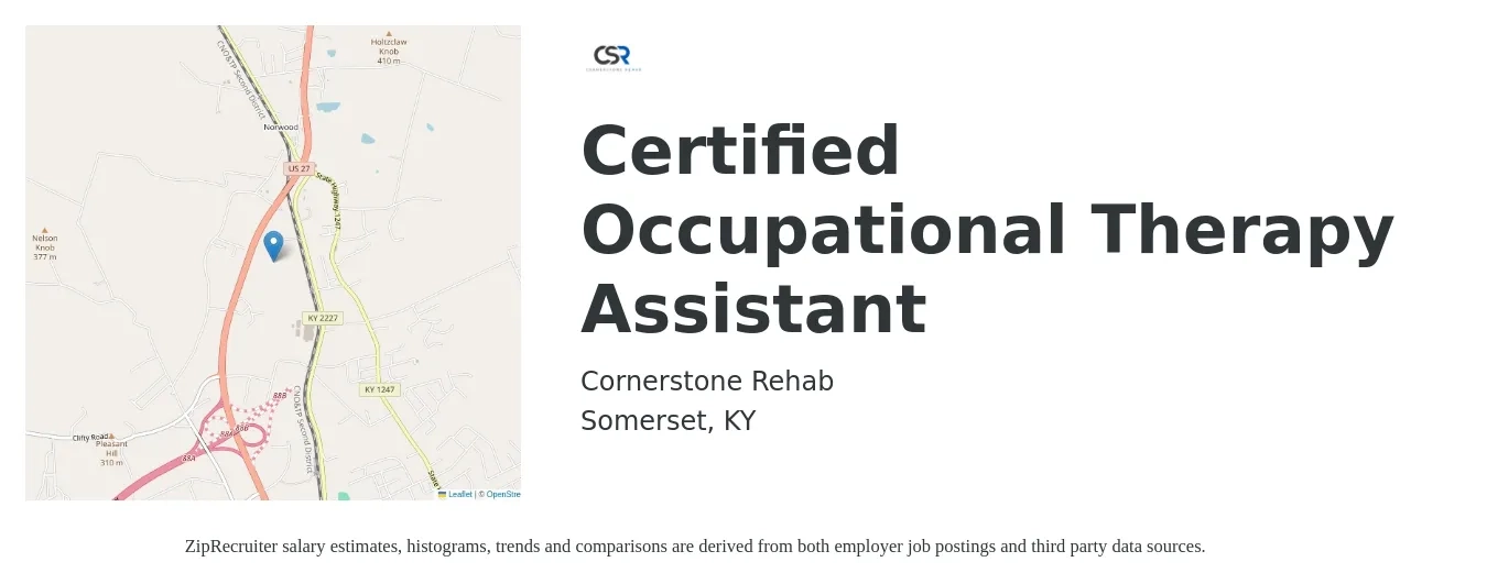 Cornerstone Rehab job posting for a Certified Occupational Therapy Assistant in Somerset, KY with a salary of $25 to $33 Hourly with a map of Somerset location.