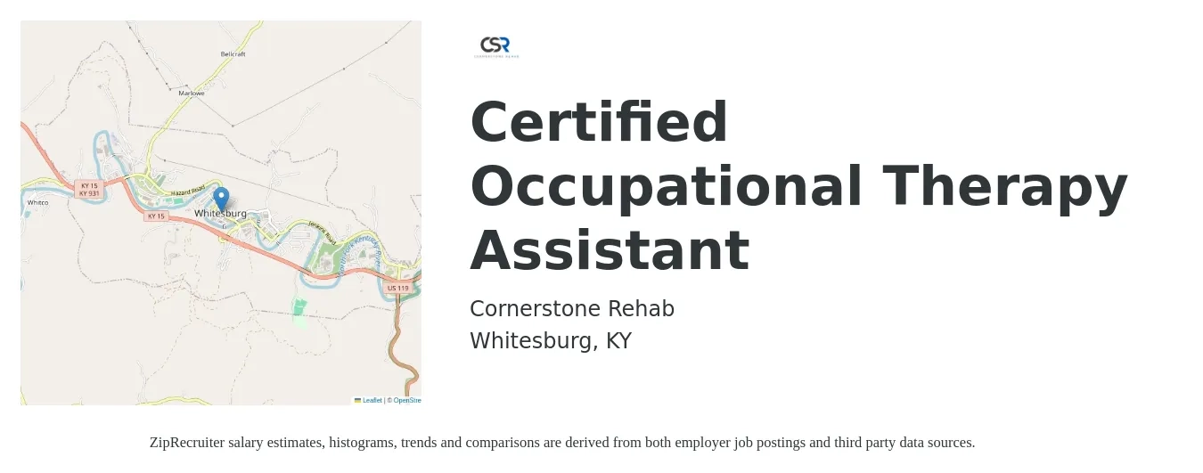 Cornerstone Rehab job posting for a Certified Occupational Therapy Assistant in Whitesburg, KY with a salary of $26 to $35 Hourly with a map of Whitesburg location.