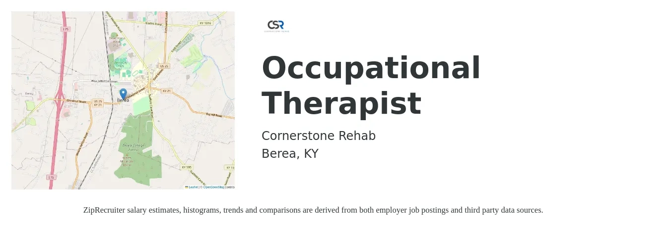 Cornerstone Rehab job posting for a Occupational Therapist in Berea, KY with a salary of $34 to $44 Hourly with a map of Berea location.