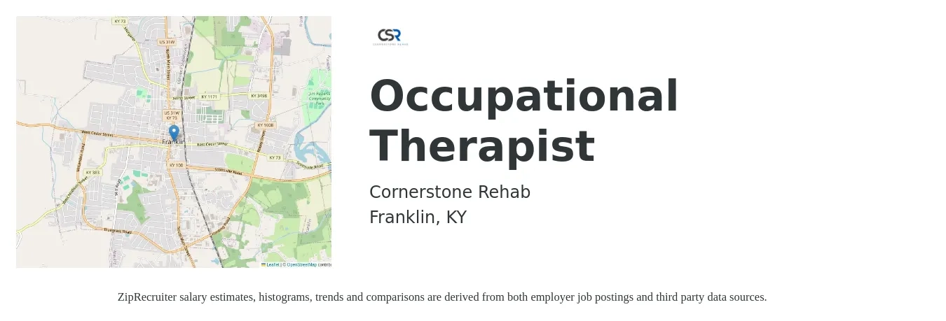 Cornerstone Rehab job posting for a Occupational Therapist in Franklin, KY with a salary of $35 to $46 Hourly with a map of Franklin location.