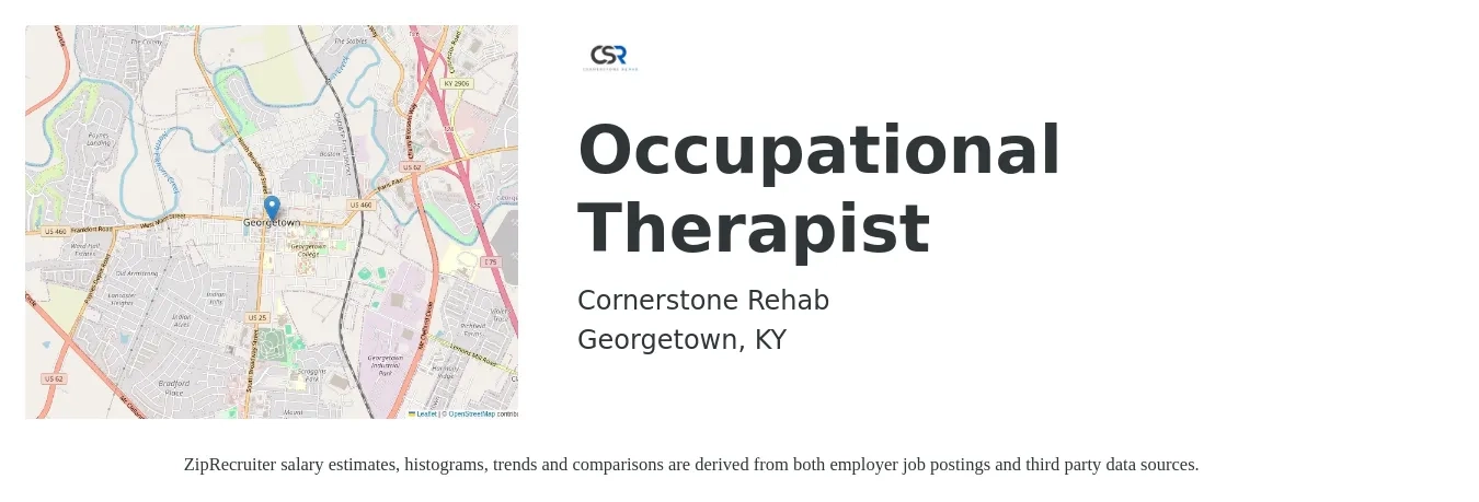 Cornerstone Rehab job posting for a Occupational Therapist in Georgetown, KY with a salary of $36 to $48 Hourly with a map of Georgetown location.