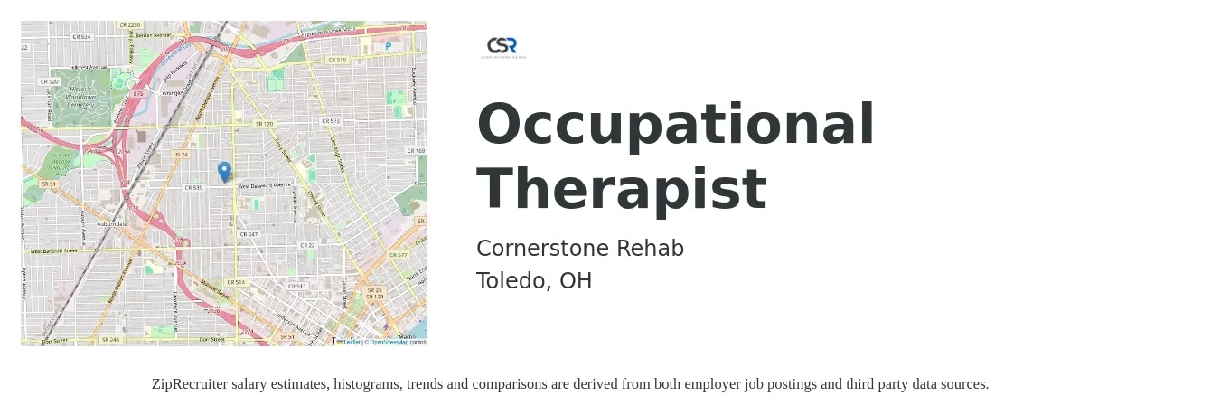 Cornerstone Rehab job posting for a Occupational Therapist in Toledo, OH with a salary of $37 to $48 Hourly with a map of Toledo location.
