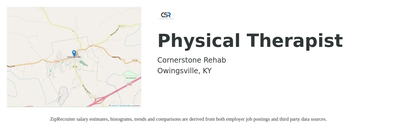 Cornerstone Rehab job posting for a Physical Therapist in Owingsville, KY with a salary of $1,350 to $1,750 Weekly with a map of Owingsville location.