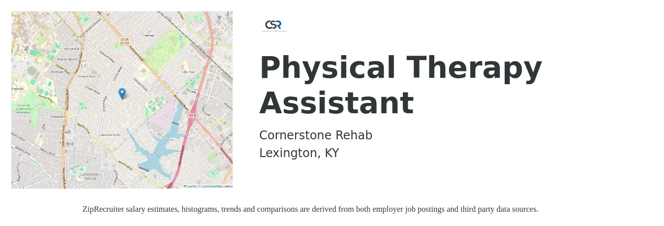 Cornerstone Rehab job posting for a Physical Therapy Assistant in Lexington, KY with a salary of $24 to $32 Hourly with a map of Lexington location.