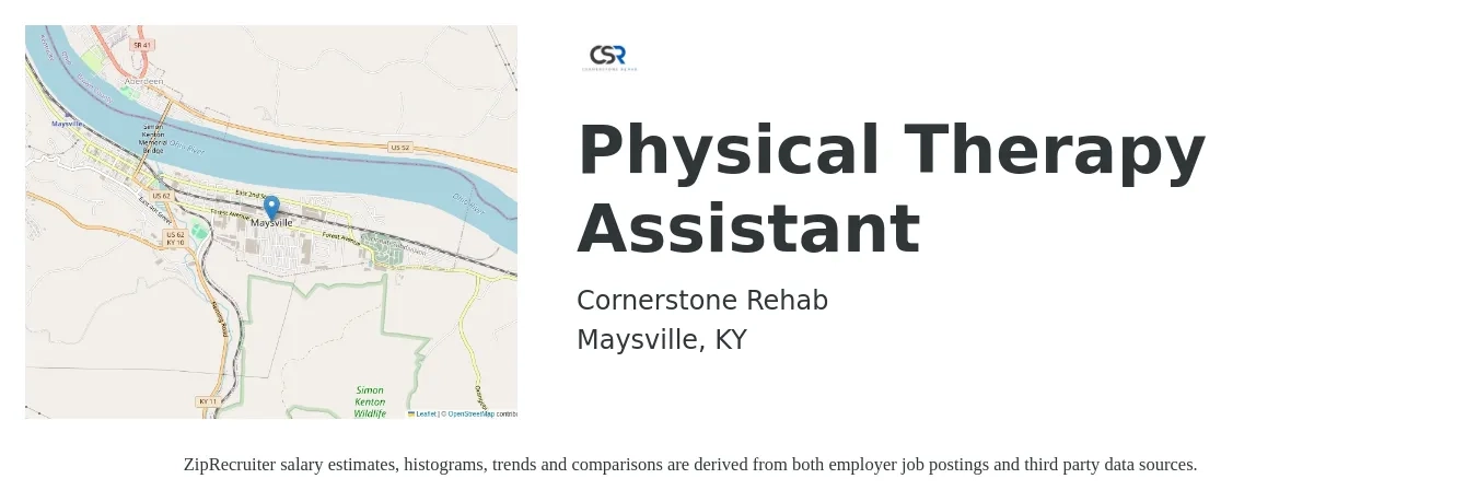 Cornerstone Rehab job posting for a Physical Therapy Assistant in Maysville, KY with a salary of $23 to $30 Hourly with a map of Maysville location.