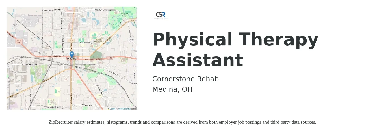 Cornerstone Rehab job posting for a Physical Therapy Assistant in Medina, OH with a salary of $25 to $33 Hourly with a map of Medina location.