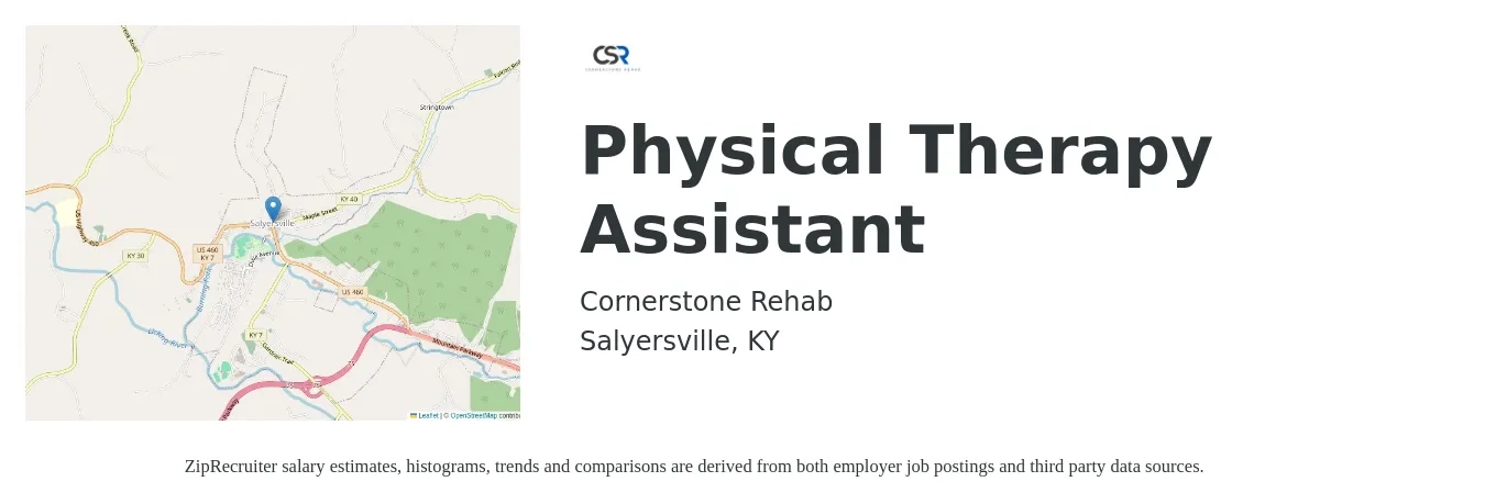 Cornerstone Rehab job posting for a Physical Therapy Assistant in Salyersville, KY with a salary of $27 to $36 Hourly with a map of Salyersville location.