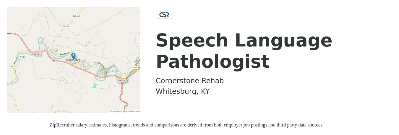 Cornerstone Rehab job posting for a Speech Language Pathologist in Whitesburg, KY with a salary of $34 to $49 Hourly with a map of Whitesburg location.