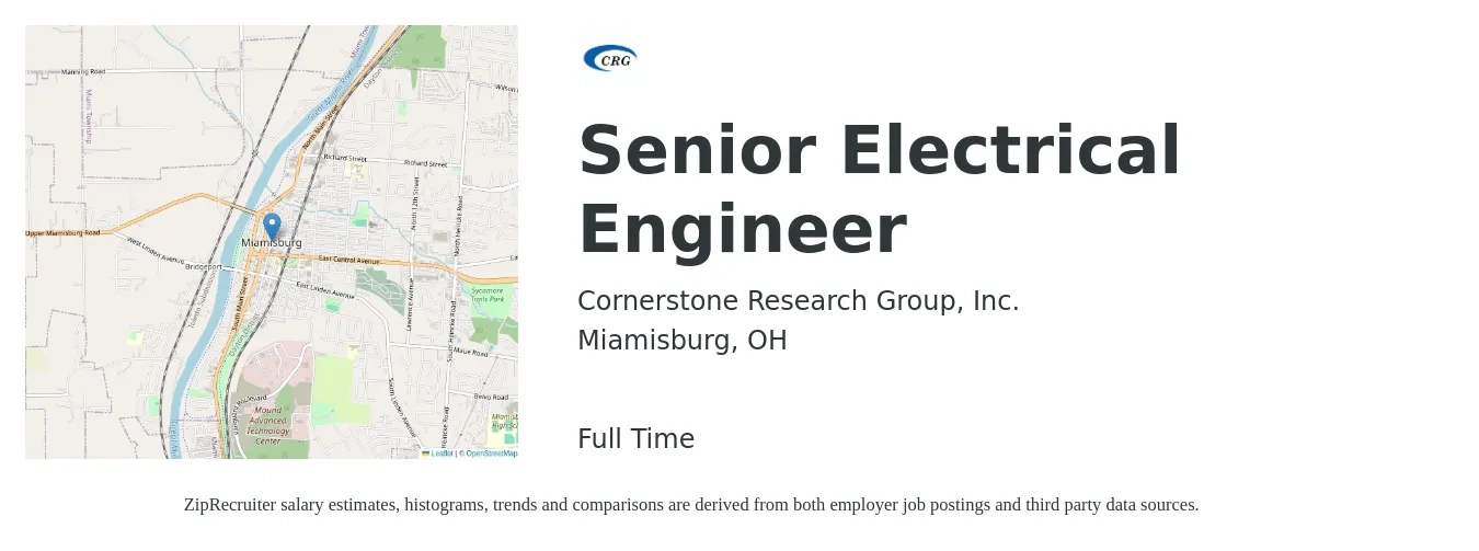 Cornerstone Research Group, Inc. job posting for a Senior Electrical Engineer in Miamisburg, OH with a salary of $100,000 to $150,000 Yearly with a map of Miamisburg location.